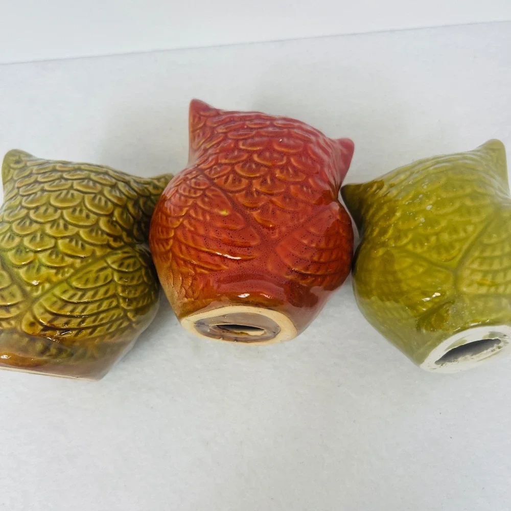 Vintage Style Ceramic Owl Figurines Set of 3 Retro Glaze Bird Yellow Red Green